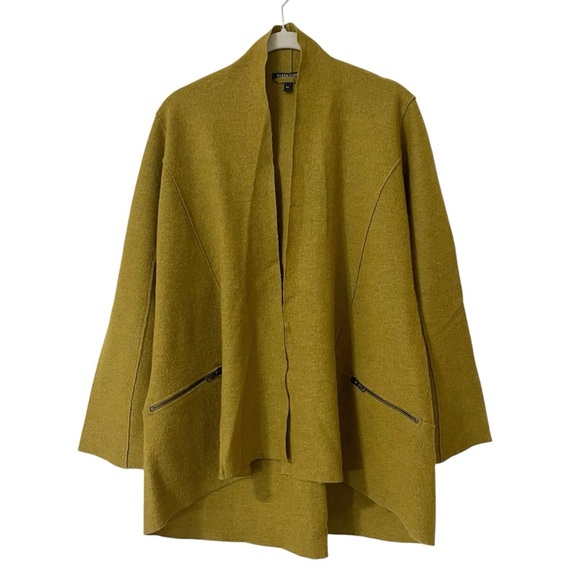 Eileen Fisher Mustard Open Front Cardigan Small Petite Merino Wool Lagenlook - Picture 1 of 9